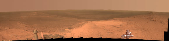 This panorama is presented in approximate true color by combing exposures taken through three of the Opportunity’s Pancam color filters, centered on wavelengths of 753 nanometers (near-infrared), 535 nanometers (green) and 432 nanometers (violet). The left edge is toward west-northwest and the right edge is southward. Image credit: NASA / JPL-Caltech / Cornell University /Arizona State University.