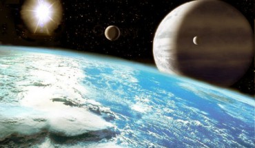 Terrestrial exoplanet and its moons. Image credit: Luciano Mendez / CC BY-SA 3.0.