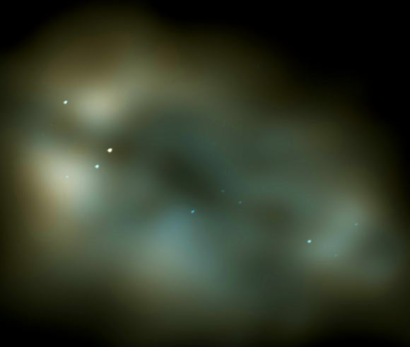 The center of the galaxy Messier 82 at very long radio wavelengths; the bright points are most likely supernova remnants; the image is about 3,300 light years across. Image credit: E. Varenius / Onsala Space Observatory / LOFAR Collaboration.