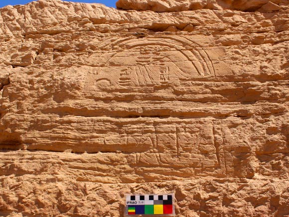 2,500-year-old stone carving at the Gebel el Silsila quarry depicts a pharaoh and two deities. Image credit: Gebel el Silsila Survey Project.