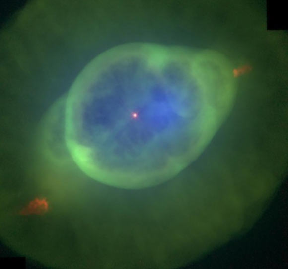 This image combines X-ray data collected by XMM-Newton telescope (blue) with optical observations from Hubble (green and red). Image credit: ESA / XMM-Newton / Y.-H. Chu / R.A. Gruendl / M.A. Guerrero / N. Ruiz / NASA / Hubble team / A. Hajian / B. Balick.