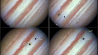 The Hubble image on the left (unlabeled at top left, labeled at bottom left) shows the beginning of the event, which took place on January 24, 2015. From left to right the moons Callisto and Io are above Jupiter's cloud tops. The shadows from Europa (not seen in the image), Callisto, and Io are strung out from left to right. Near the end of the event, approximately 42 minutes later (right-side image), Europa has entered the frame at lower left. Slower-moving Callisto is above and to the right of Europa. Fastest-moving Io is approaching the eastern limb of the planet; its shadow is no longer visible on Jupiter. Europa's shadow is toward the left side of the image, and Callisto's shadow to the right. Missing from the sequence is the moon Ganymede, which was outside Hubble's field of view and too far from Jupiter in angular separation to be considered part of the conjunction. The moons in these photos have distinctive colors. The ancient, cratered surface of Callisto is brownish; the smooth icy surface of Europa is yellow-white; and the volcanic, sulfur-dioxide surface of Io is orange. The apparent fuzziness of some of the shadows depends on the moons' distances from Jupiter. The farther away a moon is from the planet, the softer the shadow, because the shadow is more spread out across the disk. The images were taken with Hubble's Wide Field Camera 3 in visible light. Image credit: NASA / ESA / Hubble Heritage Team / STScI / AURA.