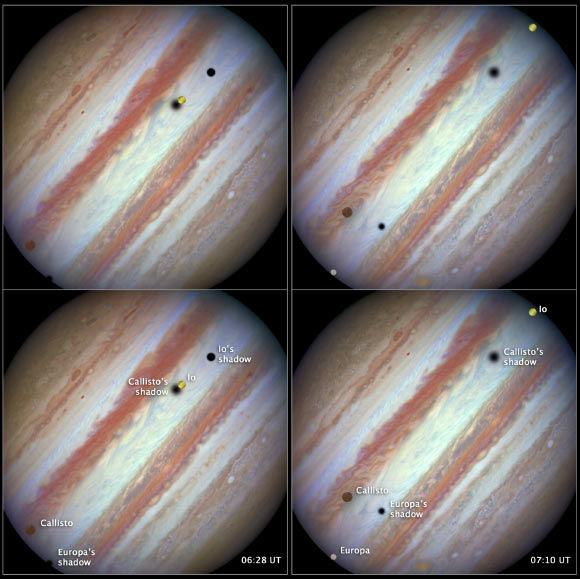 The Hubble image on the left (unlabeled at top left, labeled at bottom left) shows the beginning of the event, which took place on January 24, 2015. From left to right the moons Callisto and Io are above Jupiter's cloud tops. The shadows from Europa (not seen in the image), Callisto, and Io are strung out from left to right. Near the end of the event, approximately 42 minutes later (right-side image), Europa has entered the frame at lower left. Slower-moving Callisto is above and to the right of Europa. Fastest-moving Io is approaching the eastern limb of the planet; its shadow is no longer visible on Jupiter. Europa's shadow is toward the left side of the image, and Callisto's shadow to the right. Missing from the sequence is the moon Ganymede, which was outside Hubble's field of view and too far from Jupiter in angular separation to be considered part of the conjunction. The moons in these photos have distinctive colors. The ancient, cratered surface of Callisto is brownish; the smooth icy surface of Europa is yellow-white; and the volcanic, sulfur-dioxide surface of Io is orange. The apparent fuzziness of some of the shadows depends on the moons' distances from Jupiter. The farther away a moon is from the planet, the softer the shadow, because the shadow is more spread out across the disk. The images were taken with Hubble's Wide Field Camera 3 in visible light. Image credit: NASA / ESA / Hubble Heritage Team / STScI / AURA.