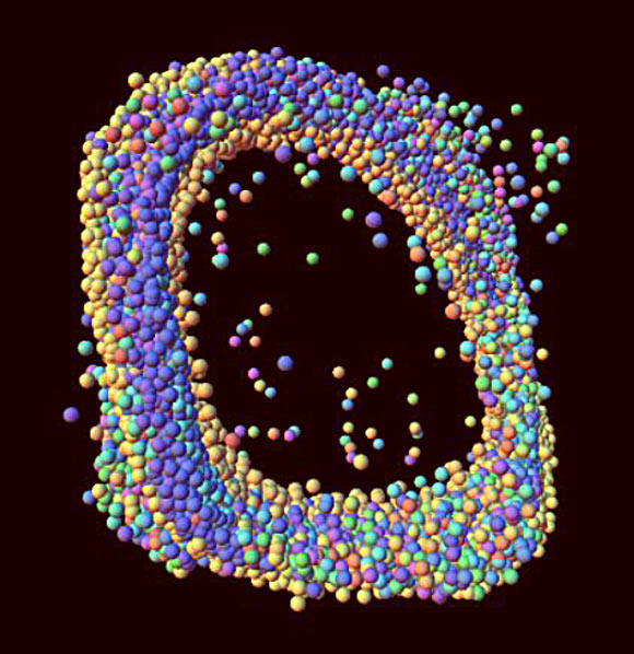 Varying brightness of KIC 5520878 plotted against successively earlier versions of itself represents an underlying attractor that guides the fluctuations and seems to have subtle fractal features; equal-sized spheres locate data; colors code time, from red to violet. Image credit: John F. Lindner et al.