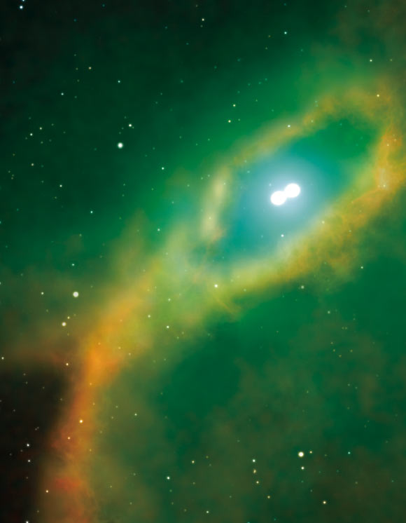 Artist’s impression of the planetary nebula Henize 2-428; the size of the central stars has been exaggerated to better illustrate their appearance. Image credit: Gabriel Perez / SMM / IAC.