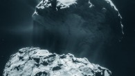 This false-color four-image mosaic comprises images taken from a distance of 28.7 km from the center of Comet 67P/Churyumov-Gerasimenko on 3 February 2015. The mosaic measures 4.2 x 4.6 km. Image credit: ESA / Rosetta / NAVCAM / CC BY-SA IGO 3.0.