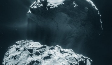 This false-color four-image mosaic comprises images taken from a distance of 28.7 km from the center of Comet 67P/Churyumov-Gerasimenko on 3 February 2015. The mosaic measures 4.2 x 4.6 km. Image credit: ESA / Rosetta / NAVCAM / CC BY-SA IGO 3.0.