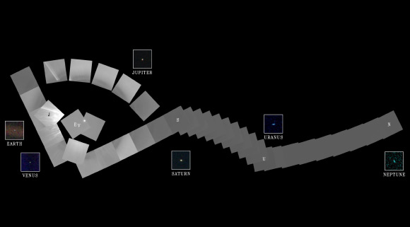 It was on February 14, 1990, that the Voyager 1 spacecraft looked back at the Solar System and snapped the first-ever pictures of the planets from its perch at that time beyond Neptune. The insets show the planets magnified many times. Image credit: NASA / JPL-Caltech.