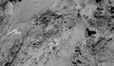 Four-image mosaic of Comet 67P/Churyumov-Gerasimenko comprising images taken on 14 February 2015 during the first dedicated close flyby; this image set was taken from a distance of 8.9 km. Image credit: ESA / Rosetta / NavCam / CC BY-SA IGO 3.0.