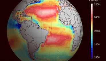 Temperature and salinity measurements (averaged between 2010 and 2014) from several satellites, including ESA’s SMOS mission, have been used to map ocean alkalinity, the ability of a solution to neutralize acids and thus resist to changes in pH. Image credit: Ifremer / ESA / CNES.