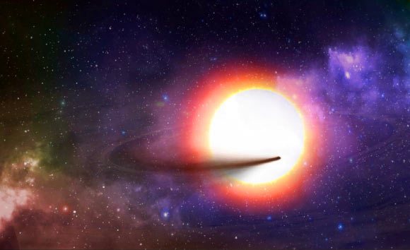 Exoplanet KIC 1255b orbits its parent star followed by a comet-like dust tail. Image credit: Maciej Szyszko.