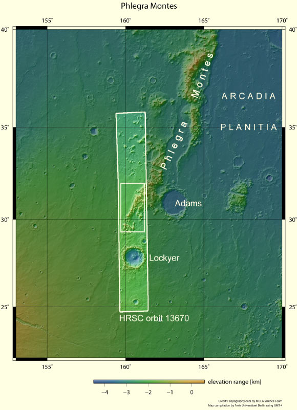 This context image shows the strip of the southernmost portion of Phlegra Montes on Mars imaged by the Mars Express. Image credit: NASA / MGS / MOLA Science Team.