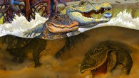 Kuttanacaiman iquitosensis, left, Caiman wannlangstoni, right, and Gnatusuchus pebasensis. Image credit: © Javier Herbozo.