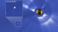 A new comet was discovered sling-shotting around the Sun, as seen in this image from February 20, 2015, by the SOHO observatory; the Sun is blocked in this image, called a coronagraph, so that the dim light of its atmosphere, or corona, is visible. Image credit: ESA / NASA / SOHO / Hill.
