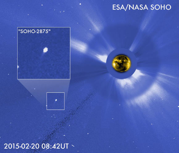 A new comet was discovered sling-shotting around the Sun, as seen in this image from February 20, 2015, by the SOHO observatory; the Sun is blocked in this image, called a coronagraph, so that the dim light of its atmosphere, or corona, is visible. Image credit: ESA / NASA / SOHO / Hill.