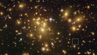 This spectacular view from the Hubble Space Telescope shows the galaxy cluster Abell 1689. The galaxy A1689-zD1 is located in the box, although it is still so faint that it is barely seen in this picture. Image credit: NASA / ESA / L. Bradley, Johns Hopkins University / R. Bouwens, University of California, Santa Cruz /H. Ford, Johns Hopkins University / G. Illingworth, University of California, Santa Cruz.