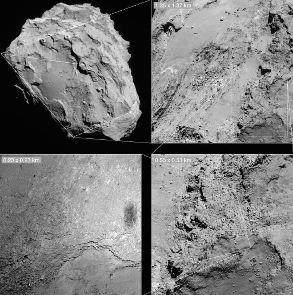 The OSIRIS camera image from the close flyby, bottom left, shown here in context with NavCam images. Image credit: ESA / Rosetta / NAVCAM – CC BY-SA IGO 3.0 / MPS for OSIRIS Team / UPD / LAM / IAA / SSO / INTA / UPM / DASP / IDA.