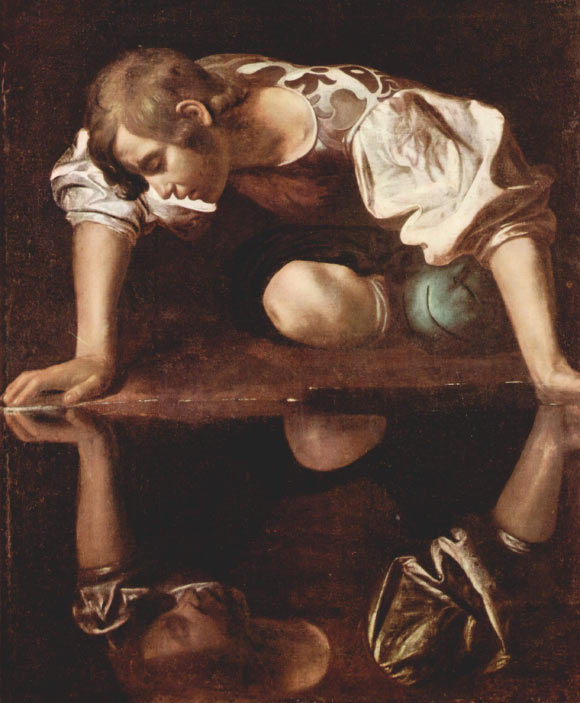 The new study has shown that men, on average, are more narcissistic than women. Narcissus by Caravaggio. Galleria Nazionale d’Arte Antica, Rome.
