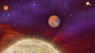 The exoplanet 30 Ari Bb orbits its primary star, yellow, in about a year’s time; the star, 30 Ari B, has a companion - the small red dwarf shown at upper left; this pair of stars is itself locked in a long-distance orbit with another pair of stars, upper right, known as 30 Ari A. Image credit: Karen Teramura / UH IfA.