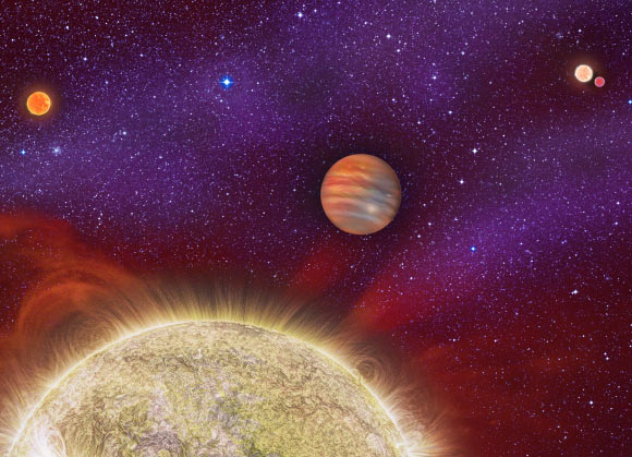 The exoplanet 30 Ari Bb orbits its primary star, yellow, in about a year’s time; the star, 30 Ari B, has a companion - the small red dwarf shown at upper left; this pair of stars is itself locked in a long-distance orbit with another pair of stars, upper right, known as 30 Ari A. Image credit: Karen Teramura / UH IfA.