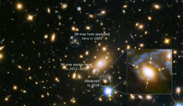 The enlarged inset view reveals four images of SN Refsdal, spotted in 2014, arranged around a giant elliptical galaxy within the cluster. The light from the supernova passes so closely to the galaxy’s dense core that several light paths are redirected and focused toward Earth. The result is that astronomers see four images that form an Einstein Cross. The blue streaks wrapping around the galaxy are the stretched images of SN Refsdal’s parent spiral galaxy, which has been distorted by the warping of space. Computer models of the cluster predict that another image of the stellar blast will appear within 5 years. The red circle marks the possible location of the next supernova image. Astronomers may have missed an earlier appearance of the supernova in 1995, as marked by the blue circle. These multiple appearances of the exploding star are due to the various paths its light is taking through the maze of clumpy dark matter in the galactic grouping. Each image takes a different route through the cluster and arrives at a different time, due, in part, to differences in the length of the pathways the light follows to reach Earth. Image credit: NASA / ESA / S. Rodney, JHU / FrontierSN team / T. Treu, UCLA / P. Kelly, UC Berkeley / GLASS team / J. Lotz, STScI / Frontier Fields team / M. Postman, STScI / CLASH team / Z. Levay, STScI.