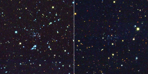 Newly-discovered ultra-faint Milky Way satellites: Indus 1, left, and Eridanus 3. Image credit: Sergey E. Koposov et al / Dark Energy Survey.