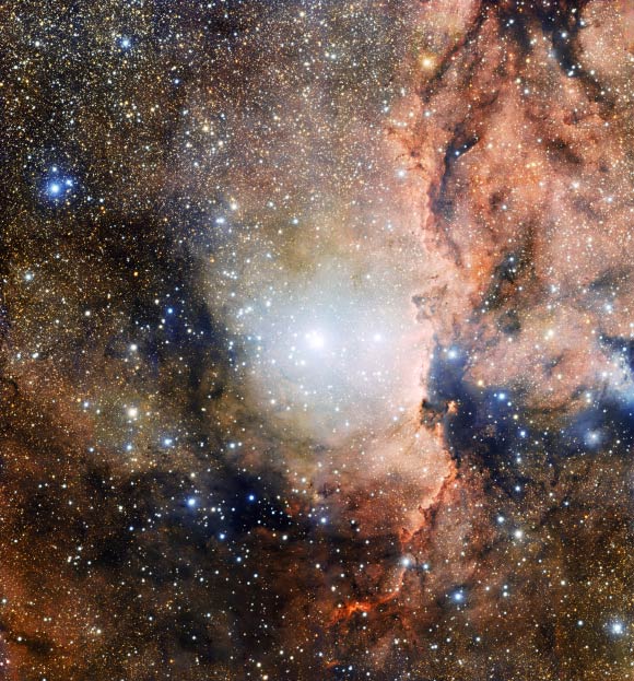 This image shows a section of the Ara OB1 stellar association: in the center of the image is the young open cluster NGC 6193, and to the right is the emission nebula NGC 6188, illuminated by the ionizing radiation emitted by the brightest nearby stars. Image credit: ESO.
