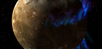 This is an artist’s concept of the Jupiter’s moon Ganymede; two auroral ovals can be seen over northern and southern mid-latitudes. Image credit: NASA / ESA / G. Bacon, STScI / J. Saur, University of Cologne.