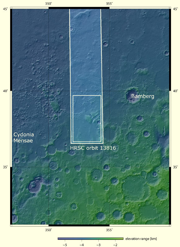 This context image shows the portion of the Cydonia Mensae region on Mars that was imaged by the Mars Express on 19 November 2014. Image credit: NASA / MGS / MOLA science team.