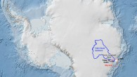 The Totten Glacier catchment, outlined in blue, is a collection basin for ice and snow that flows through the glacier. It’s estimated to contain enough material to raise sea levels by at least 3.5 m. Image credit: Jamin Greenbaum / Australian Antarctic Division.