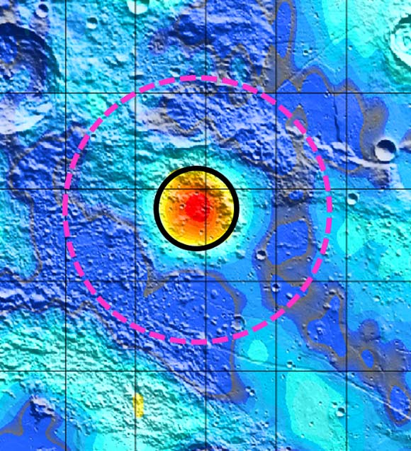 Bouguer gravity map of Earhart crater with overlay of topography. Image credit: Rohan Sood / Purdue University.
