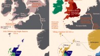 Major events in the peopling of the British Isles. Top left: the routes taken by the first settlers after the last ice age. Top right: Britain during the period of Roman rule. Bottom left: the regions of ancient British, Irish and Saxon control. Bottom right: the migrations of Norse and Danish Vikings; the main regions of Norse Viking (light brown) and Danish Viking (light blue) settlement are shown. Image credit: Stephen Leslie et al / EuroGeographics.
