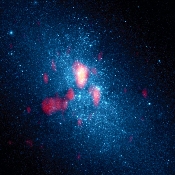 This Hubble Space Telescope image shows the local dwarf galaxy NGC 5253; superimposed is the gas (fuzzy red to yellow) as seen by the Submillimeter Array; the bright white area is Cloud D. Image credit: J. L. Turner et al.