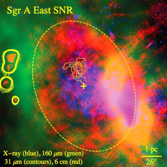 This is a composite, false-color image of the supernova remnant Sagittarius A East. Image credit: R. M. Lau et al.