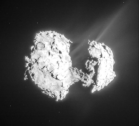 Rosetta NavCam image taken on 14 March 2015 at 85.7 km from the center of 67P/Churyumov-Gerasimenko; it has been cleaned to remove the more obvious bad pixels and cosmic ray artefacts, and intensities have been scaled. Image credit: ESA / Rosetta / NAVCAM / CC BY-SA IGO 3.0.