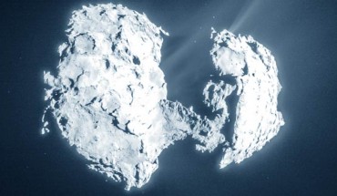 Rosetta NavCam image taken on 14 March 2015 at 85.7 km from the center of 67P/Churyumov-Gerasimenko; it has been cleaned to remove the more obvious bad pixels and cosmic ray artefacts, and intensities have been scaled. Image credit: ESA / Rosetta / NAVCAM / CC BY-SA IGO 3.0.
