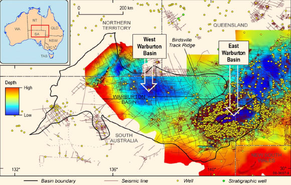 Warburton East and West sub-basins, northeast South Australia; the Birdsville Track Ridge divides the Warburton East Basin from the Warburton West Basin. Image credit: A.Y. Glikson et al.