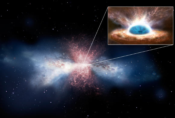 This image shows an artistic representation of an active supermassive black hole at the center of a galaxy, which is driving powerful winds that are triggering the outflow of large amounts of molecular gas in the interstellar material of its host galaxy; such outflows can eventually sweep away most of the galaxy's reservoir of 'star-making' gas, possibly bringing an end to star formation on a galactic scale. The first direct evidence supporting this feedback scenario was made possible by combining far-infrared observations from ESA’s Herschel, which detected large-scale outflows of molecular gas in the galaxy IRAS F11119+3257, with X-ray data from the Suzaku X-ray observatory, which could sense the winds close to the black hole. Image credit: ESA / ATG medialab.