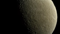 This mosaic image from the NASA/ESA/ASI Cassini-Huygens spacecraft is centered at 9 degrees north latitude, 254 degrees west longitude. The image was acquired at a distance of about 57,800 km from Rhea. This image represents one of the highest resolution color views of the icy moon released to date, and consists of multiple images from Cassini’s narrow-angle camera (NAC) with data from the wide-angle camera used to fill in areas where NAC data was not available. Image credit: NASA / JPL-Caltech / Space Science Institute.