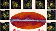 The Planck all-sky map at submillimeter wavelengths; the band running through the middle corresponds to dust in the Milky Way Galaxy; the black dots indicate the location of the proto-cluster candidates identified by Planck and subsequently observed by Herschel. The inset images showcase some of the observations made by Herschel’s SPIRE instrument; the contours represent the density of galaxies. Image credit: ESA / Planck Collaboration / H. Dole / D. Guéry / G. Hurier / IAS / University Paris-Sud / CNRS / CNES.
