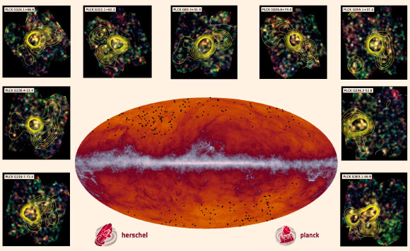 The Planck all-sky map at submillimeter wavelengths; the band running through the middle corresponds to dust in the Milky Way Galaxy; the black dots indicate the location of the proto-cluster candidates identified by Planck and subsequently observed by Herschel. The inset images showcase some of the observations made by Herschel’s SPIRE instrument; the contours represent the density of galaxies. Image credit: ESA / Planck Collaboration / H. Dole / D. Guéry / G. Hurier / IAS / University Paris-Sud / CNRS / CNES.