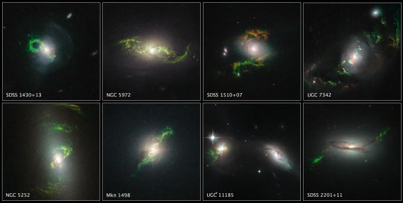 These Hubble images reveal a set of greenish, looping, spiral, and braided shapes around eight active galaxies. These huge knots of dust and gas appear greenish because they are glowing predominately in light from photoionized oxygen atoms. Each galaxy hosts a bright quasar that may have illuminated the structures. The ethereal wisps outside the host galaxies were blasted, perhaps briefly, by powerful ultraviolet radiation from a supermassive black hole at the core of each galaxy. Material falling into the black hole was heated to a point where a brilliant searchlight beam traveled into deep space. Because the quasars are not bright enough now to account for the present glow of the blobs, they may be a record of something that happened in the past inside the host galaxies. The black holes may have been fueled through collisions between two galaxies, and the filaments may be forensic evidence for material tattered in the collision. Image credit: NASA / ESA / W. Keel, University of Alabama.