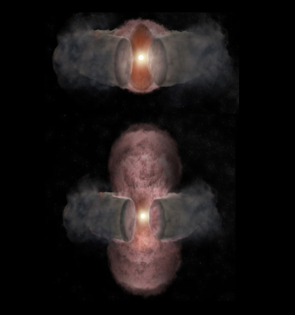 Artist’s impression of the development of the massive protostar W75N(B)-VLA-2. Top: a hot wind from the star expands nearly spherically, as seen in 1996. Bottom: as seen in 2014, the hot wind has been shaped by encountering a dusty, donut-shaped torus around the star and appears elongated. Image credit: Bill Saxton / NRAO / AUI / NSF.