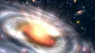 A growing black hole can be seen at the center of a faraway galaxy in this artist’s concept. Image credit: NASA / JPL-Caltech.