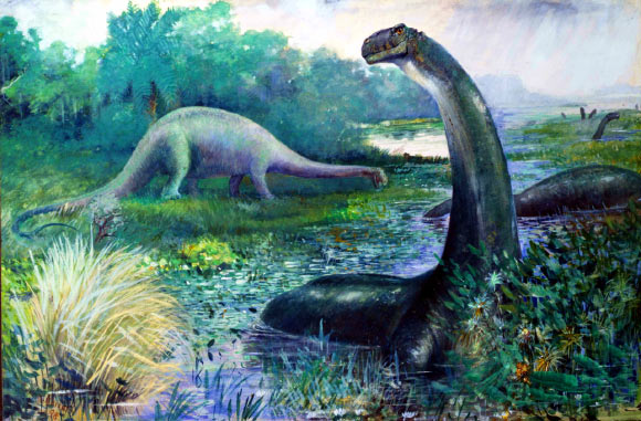 Illustration of Brontosaurus in the water, and Diplodocus on land, by Charles R. Knight, 1897.