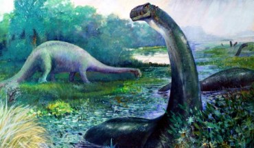 Illustration of Brontosaurus in the water, and Diplodocus on land, by Charles R. Knight, 1897.