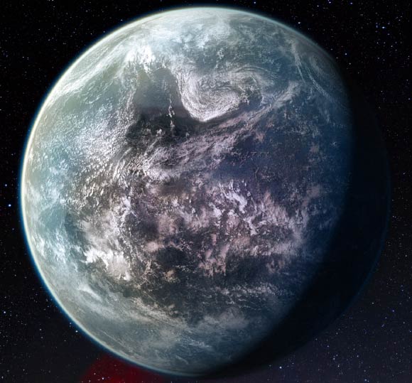 This artist’s impression shows the super-Earth exoplanet HD 85512b. This exoplanet is about 3.6 times as massive as the Earth and lies at the edge of the habitable zone around the star, where liquid water, and perhaps even life, could potentially exist. Image credit: ESO / M. Kornmesser / Nick Risinger, skysurvey.org.