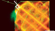Laser light enters a synthetic diamond from a facet at its corner and bounces around inside the diamond until its energy is exhausted; this excites the NVs that can be used to measure magnetic fields. Image credit: H. Clevenson / MIT Lincoln Laboratory.