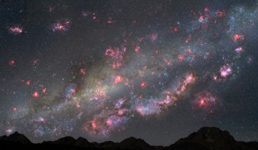 This illustration depicts a view of the night sky from a hypothetical planet within the young Milky Way Galaxy 10 billion years ago; glowing pink clouds of hydrogen gas harbor countless newborn stars, and the bluish-white hue of young star clusters litter the landscape; the star-birth rate is 30 times higher than it is in our Galaxy today; our Sun, however, is not among these fledgling stars; the Sun will not be born for another 5 billion years. Image credit: NASA / ESA / Z. Levay, STScI.