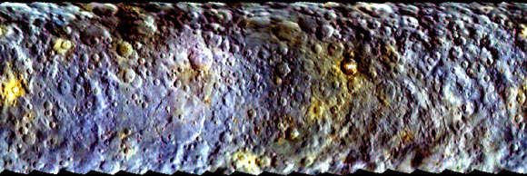 This color map of Ceres was created from images taken by the Dawn spacecraft during its initial approach to the dwarf planet. Images taken using blue, green and infrared spectral filters were combined to create the map; the filters were assigned to color channels in reverse order, compared to natural color. Image credit: NASA / JPL-Caltech / UCLA /MPS / DLR / IDA.